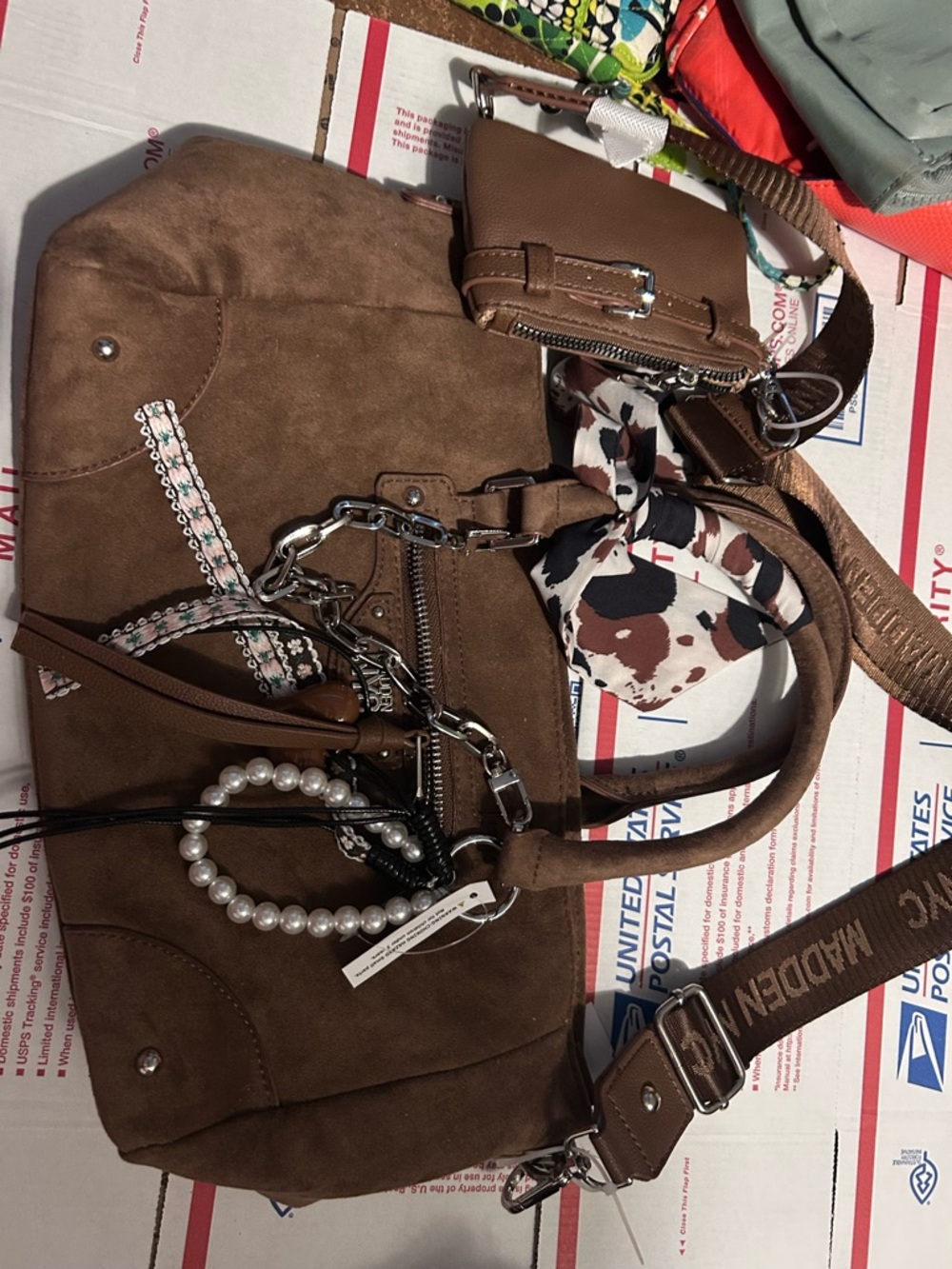 Steve Madden Brown Suede Satchel with Detachable Strap and Charm Accents